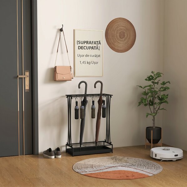 HOMCOM Suport pentru Umbrele din Oțel cu Tavă de Scurgere Detașabilă, 50x24x68 cm, Negru | Aosom Romania
