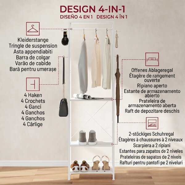HOMCOM Cuiere de Intrare cu Suport pentru Încălțăminte, Bară pentru Haine, 4 Cârlige, Raft Superior și 2 Rafturi pentru Încălțăminte, 52x30x180 cm, Alb | Aosom Romania