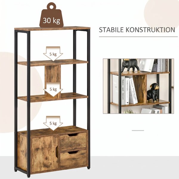 HOMCOM Biblioteca cu 3 Rafturi, Dulap si 2 Sertare, Biblioteca Stil Industrial din PAL si Metal, 58x24x122 cm, Negru si Lemn natur | Aosom Romania