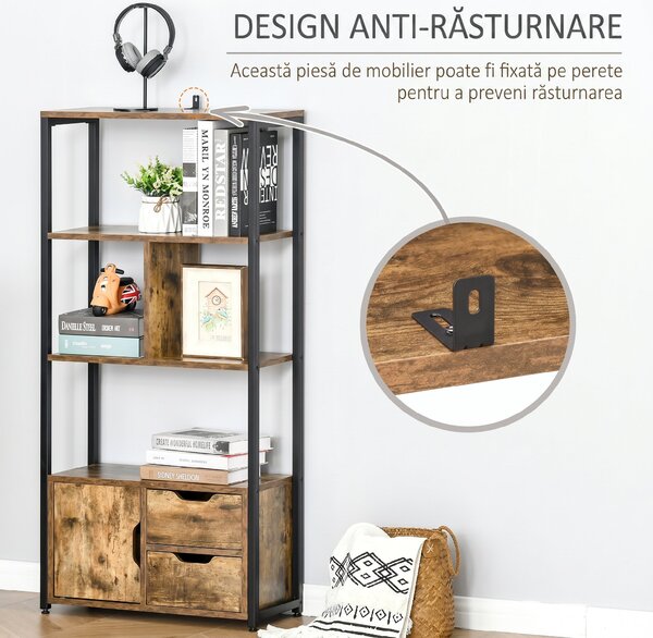 HOMCOM Biblioteca cu 3 Rafturi, Dulap si 2 Sertare, Biblioteca Stil Industrial din PAL si Metal, 58x24x122 cm, Negru si Lemn natur | Aosom Romania