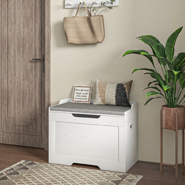 HOMCOM Bancă de Depozitare cu Pernă din Material Textil, Bancă Multifuncțională cu Balama de Siguranță, 75x40x56 cm, Alb | Aosom Romania