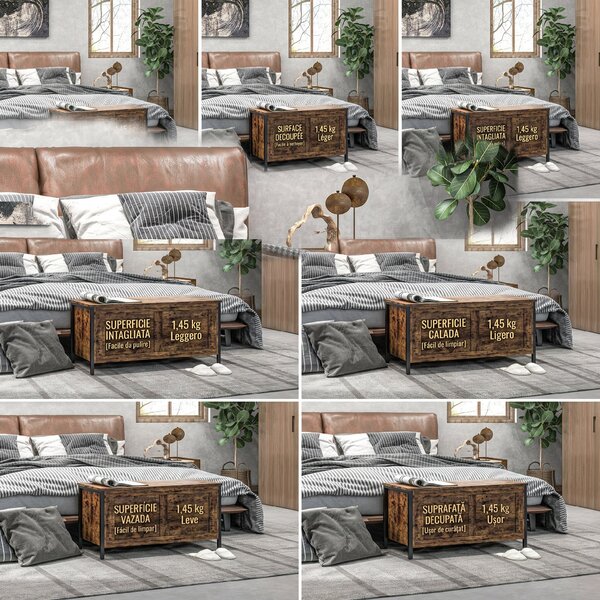 HOMCOM Bancă de Depozitare de 95L în Stil Industrial cu Capac cu Balamale de Siguranță, 80x40x49 cm, Maro Rustic | Aosom Romania