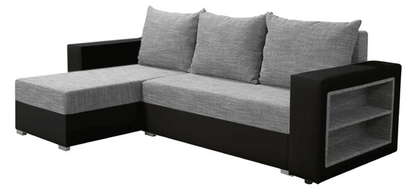 KONDELA Canapea extensibilă cu raft, melanj negru/gri, stânga, MERAK ROH
