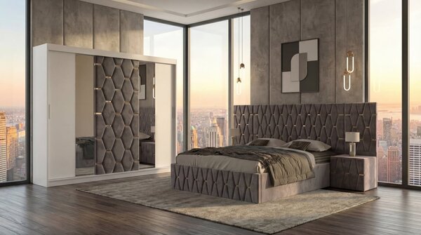 Set Mobila De Dormitor Berlin Gri, pat tapitat Gri 180x200cm, dulap tapitat 250cm, 2 noptiere si saltea 180x200cm