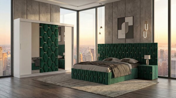 Set Mobila De Dormitor Berlin Verde , pat tapitat Verde 180x200cm, dulap tapitat 250cm, 2 noptiere si saltea 180x200cm