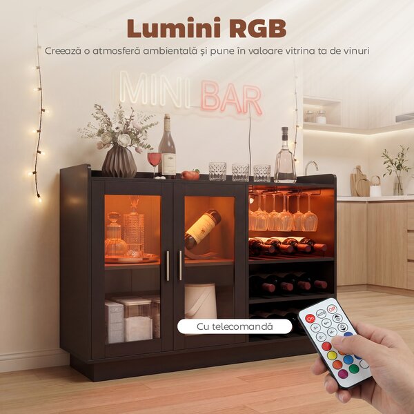 HOMCOM Dulap Port-Sticle cu Lumini LED RGB și Suport pentru 12 Sticle, Dulap pentru Vinuri cu Raft Reglabil și Uși cu Închidere Lentă din Sticlă pentru Casă, Bucătărie și Sufragerie, Negru | Aosom Romania