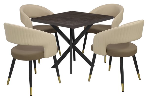 Masă fixă Pătrată Tania X Wenge cu 4 scaune Piele Sintetică Monaco Maro Crem