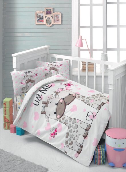 Set lenjerie pat pentru copii Sweet, bumbac ranforce 100%, alb/roz, 10