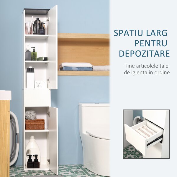 Dulap de Baie Kleankin cu Poliță Reglabilă, 2 Rafturi Închise și Sertar, Economie de Spațiu 30x28x180cm, Alb | Aosom Romania