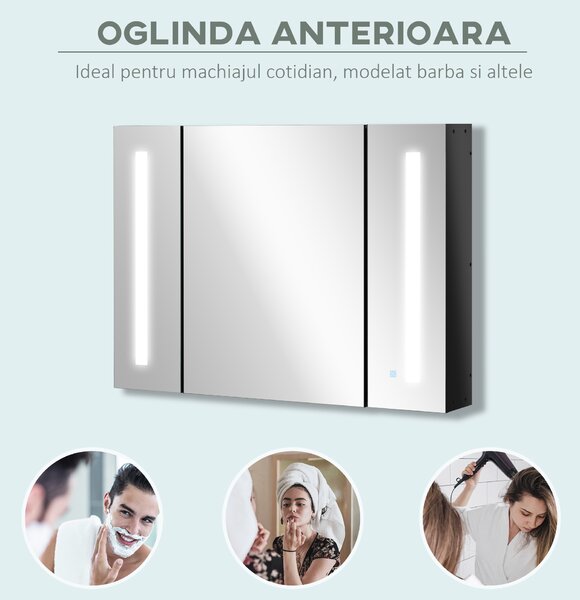 Dulap de baie LED cu oglinda Kleankin, Organizator de depozitare reglabil montat pe perete cu 3 usi cu oglinda si rafturi reglabile, Functie de memorare, incarcare USB, Negru lucios | Aosom Romania