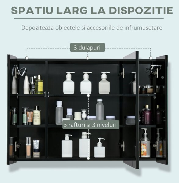 Dulap de baie LED cu oglinda Kleankin, Organizator de depozitare reglabil montat pe perete cu 3 usi cu oglinda si rafturi reglabile, Functie de memorare, incarcare USB, Negru lucios | Aosom Romania