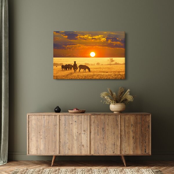 Tablou - Zebre cu apus de soare (90x60 cm)