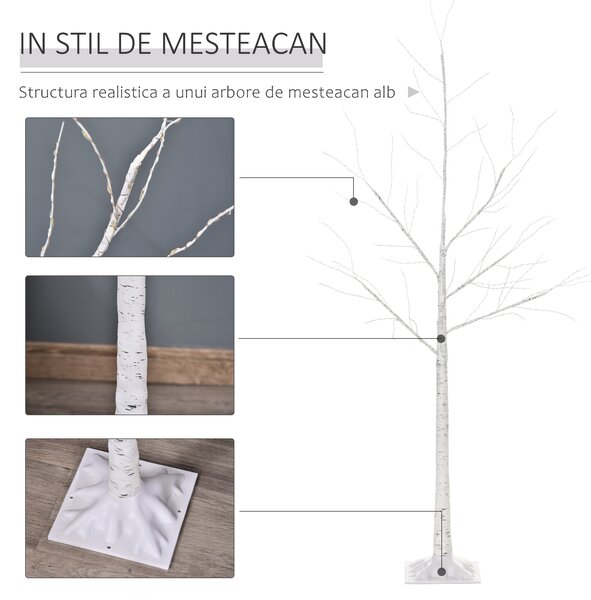 HOMCOM Arbore de Craciun cu lumini LED, baza patrata si cablu de alimentare pentru interior si exterior, din otel si PP, 20x20x150, alb | aosom ro