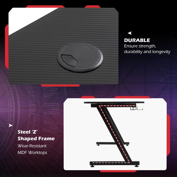 HOMCOM Masă Gaming Avansată cu Management al Cablurilor, Suport pentru Pahare și Cârlig pentru Căști, Design Ergonomic, Negru | Aosom Romania