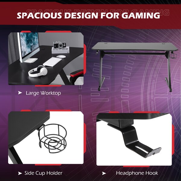 HOMCOM Masă Gaming Avansată cu Management al Cablurilor, Suport pentru Pahare și Cârlig pentru Căști, Design Ergonomic, Negru | Aosom Romania