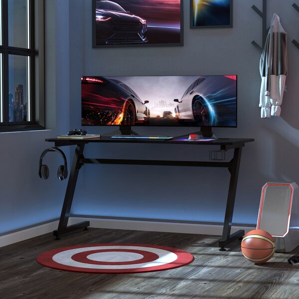 HOMCOM Masă Gaming Avansată cu Management al Cablurilor, Suport pentru Pahare și Cârlig pentru Căști, Design Ergonomic, Negru | Aosom Romania