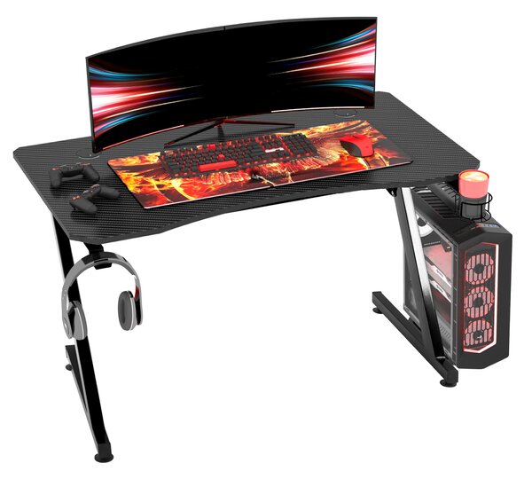 HOMCOM Masă Gaming Avansată cu Management al Cablurilor, Suport pentru Pahare și Cârlig pentru Căști, Design Ergonomic, Negru | Aosom Romania