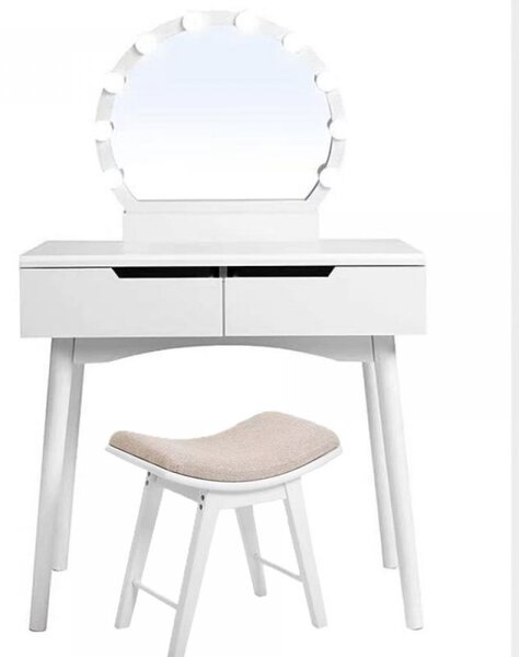 Set Celine Masă de toaletă pentru machiaj cu scaun, oglindă iluminata LED, 2 sertare, Alb