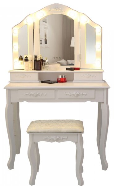 Set Anastasia, masă de toaletă cu 3 oglinzi iluminate LED, control touch, 4 sertare, scaun, Alb