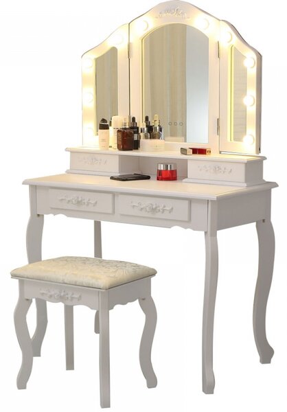 Set Anastasia, masă de toaletă cu 3 oglinzi iluminate LED, control touch, 4 sertare, scaun, Alb