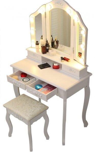 Set Anastasia, masă de toaletă cu 3 oglinzi iluminate LED, control touch, 4 sertare, scaun, Alb