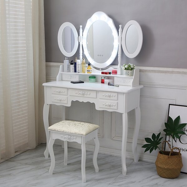 Set ILINCA, Masă de toaletă cu 3 oglinzi, iluminare LED, control touch, 7 sertare, scaun, Alb