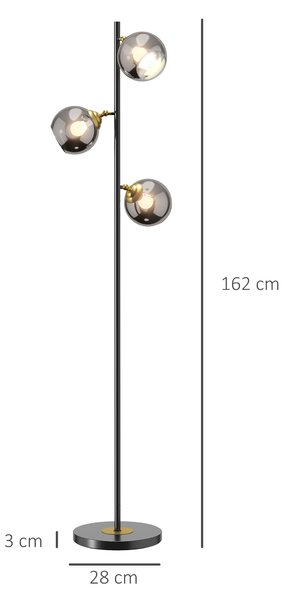 HOMCOM Lampă de Podea cu 3 Abajururi, Lampă pentru Camera de Zi cu Abajur Glob din Sticlă(Becul nu este inclus), Φ36x162 cm, Gri | Aosom Romania