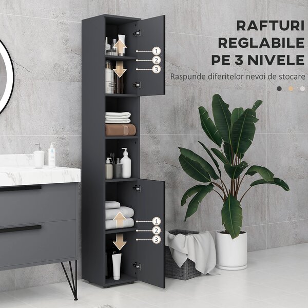 Dulap Baie, Inalt de 183cm cu 2 rafturi deschise si doua dulapuri cu 2 nivele, 30x30x183cm, Negru kleankin | Aosom Romania