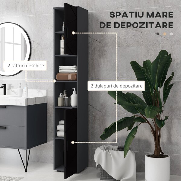 Dulap Baie, Inalt de 183cm cu 2 rafturi deschise si doua dulapuri cu 2 nivele, 30x30x183cm, Negru kleankin | Aosom Romania