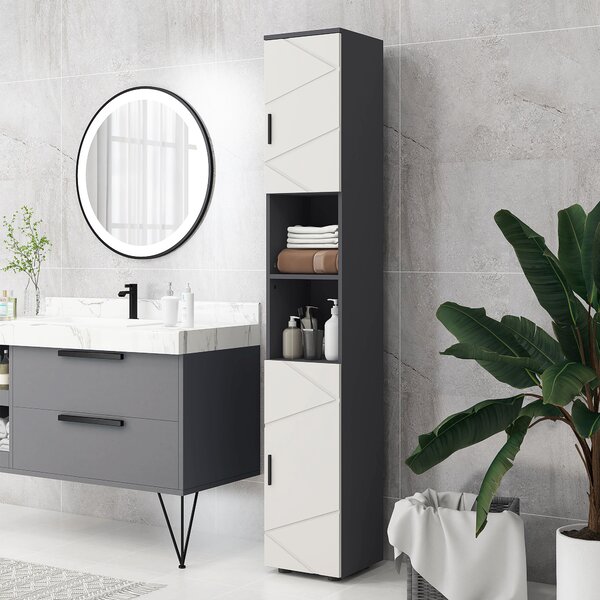 Kleankin Dulap de Baie Inalt de 183cm, Dulap de Depozitare Ingust pentru Baie cu Rafturi Deschise, Dulapuri cu 2 Usi, Gri | Aosom Romania