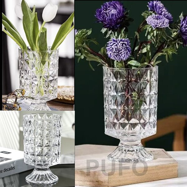 Vaza Decorativa Eleganta Pufo Luxury din Sticla cu Picior pentru Flori si Aranjamente, 18 cm- Design Modern pentru Living si Decor Interior