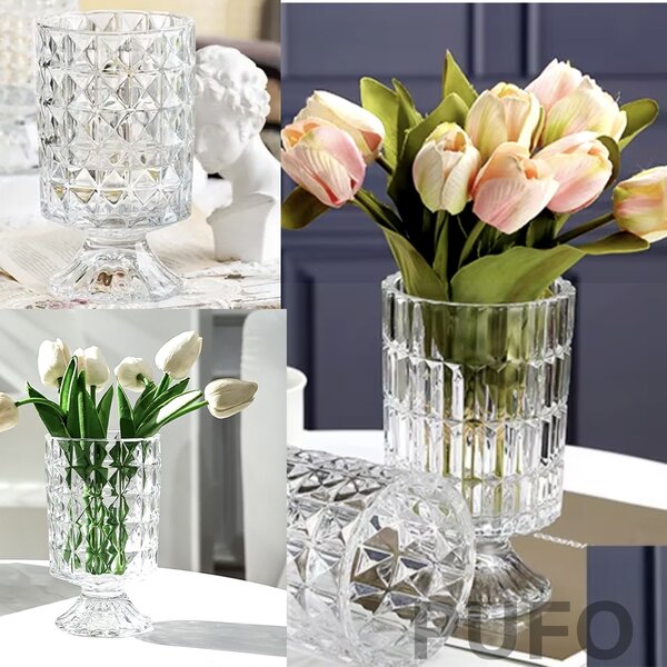 Vaza Decorativa Eleganta Pufo Luxury din Sticla cu Picior pentru Flori si Aranjamente, 18 cm- Design Modern pentru Living si Decor Interior