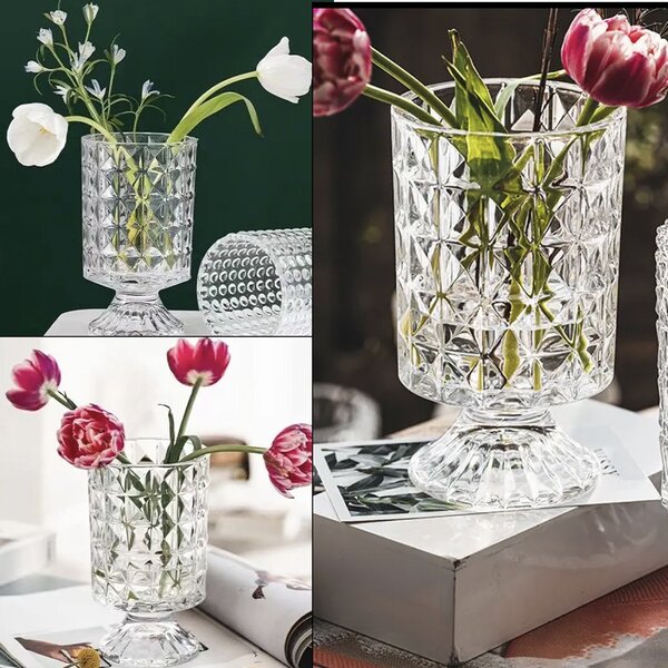 Vaza Decorativa Eleganta Pufo Luxury din Sticla cu Picior pentru Flori si Aranjamente, 18 cm- Design Modern pentru Living si Decor Interior