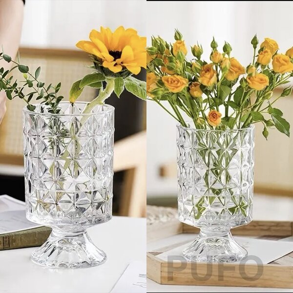 Vaza Decorativa Eleganta Pufo Luxury din Sticla cu Picior pentru Flori si Aranjamente, 18 cm- Design Modern pentru Living si Decor Interior
