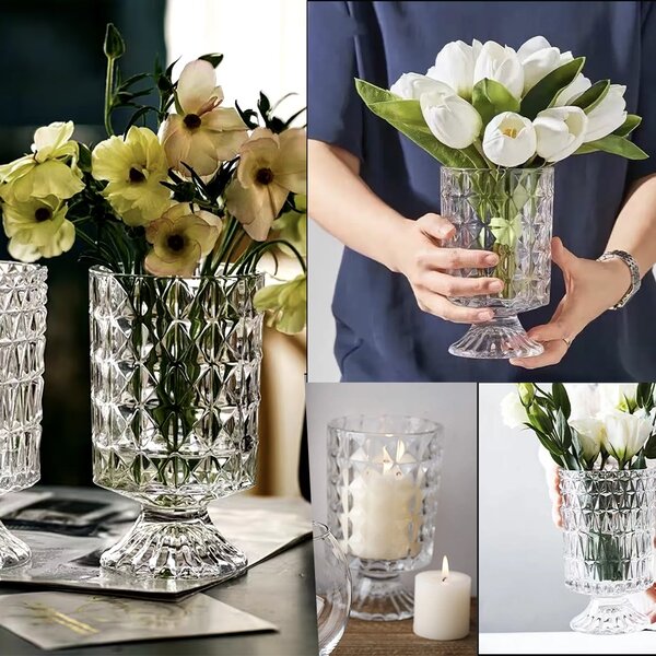 Vaza Decorativa Eleganta Pufo Luxury din Sticla cu Picior pentru Flori si Aranjamente, 18 cm- Design Modern pentru Living si Decor Interior