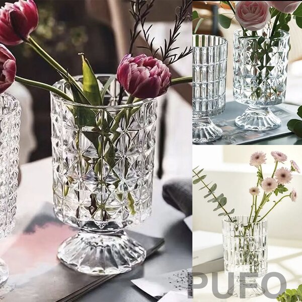 Vaza Decorativa Eleganta Pufo Luxury din Sticla cu Picior pentru Flori si Aranjamente, 18 cm- Design Modern pentru Living si Decor Interior