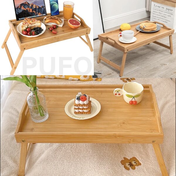 Tava Pufo mic dejun cu manere din bambus pentru servire la pat cu picioare pliabile, 50 x 30 cm, maro
