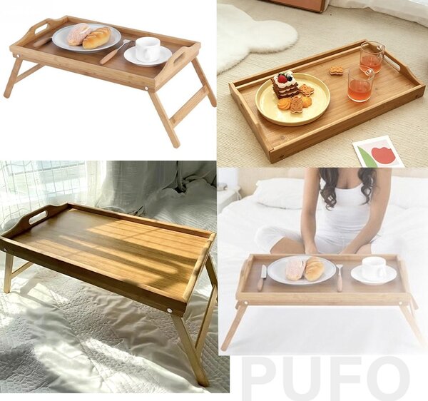 Tava Pufo mic dejun cu manere din bambus pentru servire la pat cu picioare pliabile, 50 x 30 cm, maro
