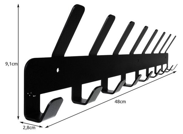 Cuier de perete, 17 carlige, suruburi prindere incluse, metal, 9.1 x 48 x 2.8 cm, negru