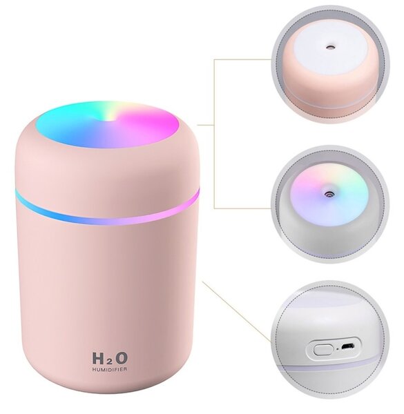Umidificator aer ultrasonic, oprire automata, alimentare USB, iluminare led, 15 dB, 300ml, 2W, 5V, 12 x 8cm, roz