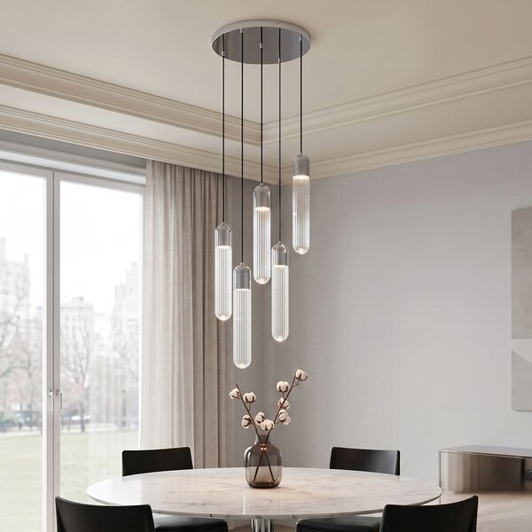 Lampă suspendată de designer cromată cu sticlă striată cu 5 lumini - Walcott