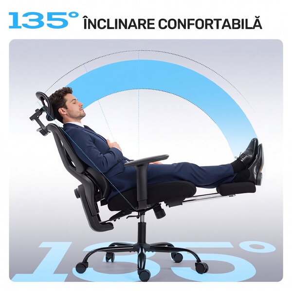 HOMCOM Scaun de birou ergonomic, cu suport lombar dinamic și suport pentru picioare, 73x75x120-128 cm, negru | Aosom Romania