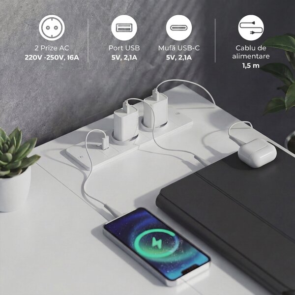 HOMCOM Birou de Colț Reversibil cu Prize și Porturi USB, 126x48 cm, Birou în Formă de L cu 6 Sertare din Material Textil, Cârlig Lateral, pentru Computer, Birou, Cameră, Alb | Aosom Romania
