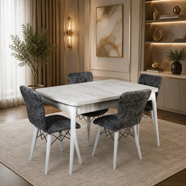 Set masa extensibila cu 4 scaune tapitate Homs cristal bej-gri-picior-alb-170 x 80 cm