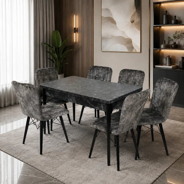 Set masa extensibila cu 6 scaune tapitate Homs cristal negru-gri 170 x 80 cm