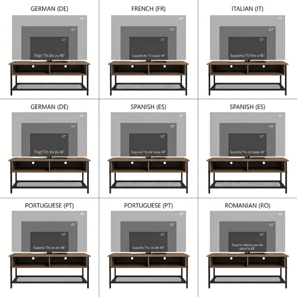Dulap SuportTV pana la 48" in Stil Industrial, Mobiler Jos cu Rafturi din Lemn si Otel, 110x40x48cm, Maro si Negru HOMCOM | Aosom Romania