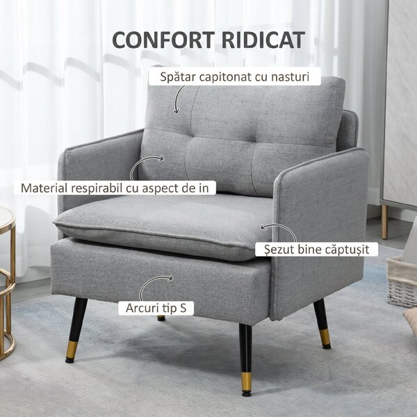 HOMCOM Fotoliu Tapițat din Material Textil cu Pernițe Umplute, Canapea Modernă cu Picioare din Oțel, 76x68x80 cm, Gri