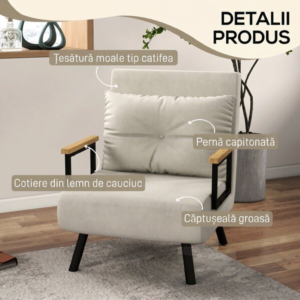 HOMCOM Canapele Extensibile Individuală Alb Crem 63x73x81 cm cu Pernă Extensibilă pe 5 Nivele | Aosom Romania