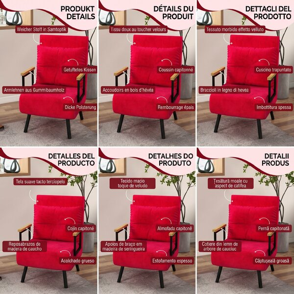 HOMCOM Canapea Extensibilă cu Spătar Reglabil pe 5 Nivele, Canapea Pat Individuală Pliabilă cu Perne, 63x73x81 cm, Roșu | Aosom Romania