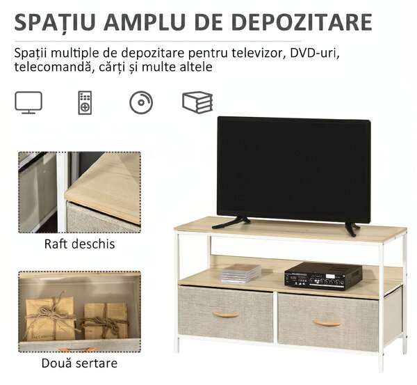 HOMCOM Mobilier pentru Televizor de 47" cu Sertare Pliabile din Material Textil și Raft, 98x29x56 cm, Lemn Natural | Aosom Romania